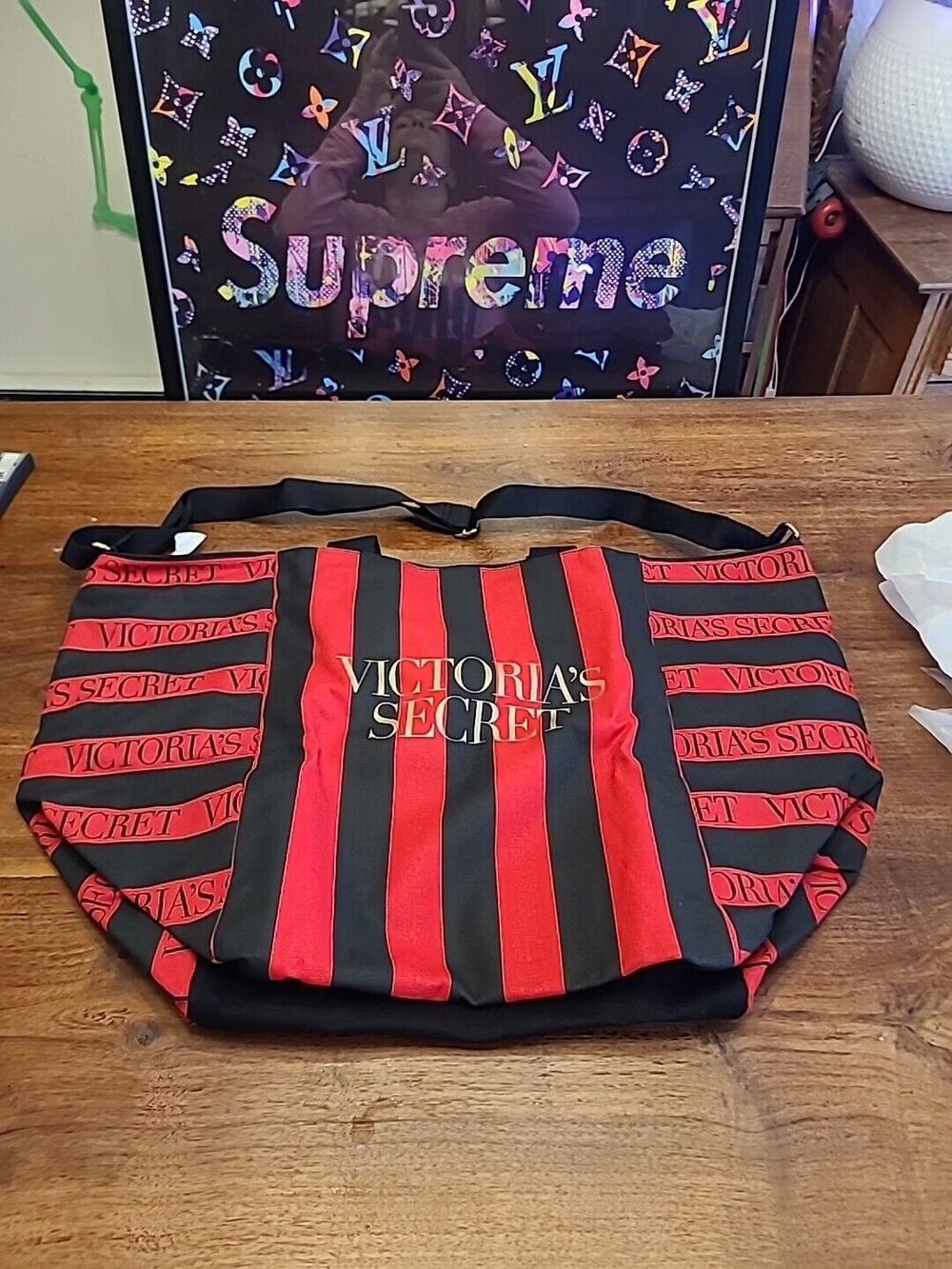 Victoria's Secret Black Red Stripe XL Canvas Tote Bag Zig Close Carry On Travel